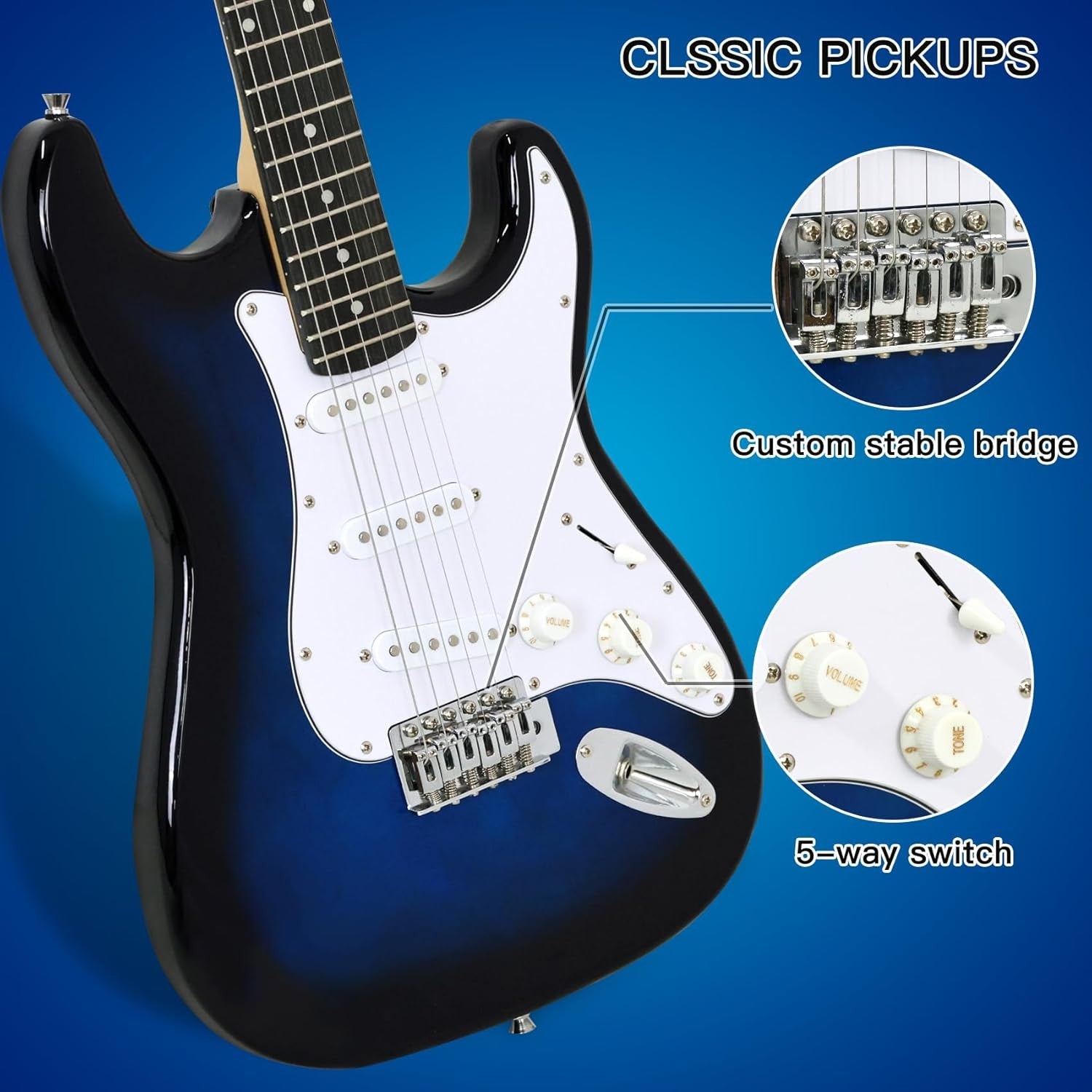 Full Size Electric Guitar Starter Kit with Amp Stand Blue White