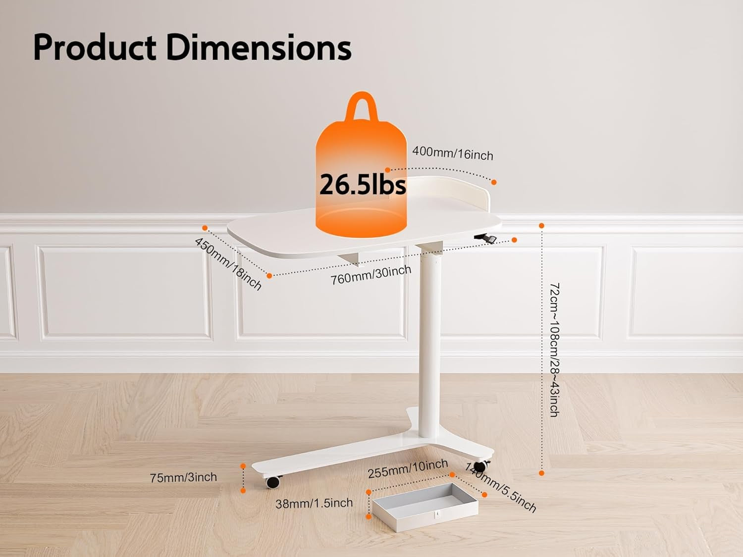 Mobile Standing Desk on Wheels Adjustable Pneumatic Overbed Laptop Table