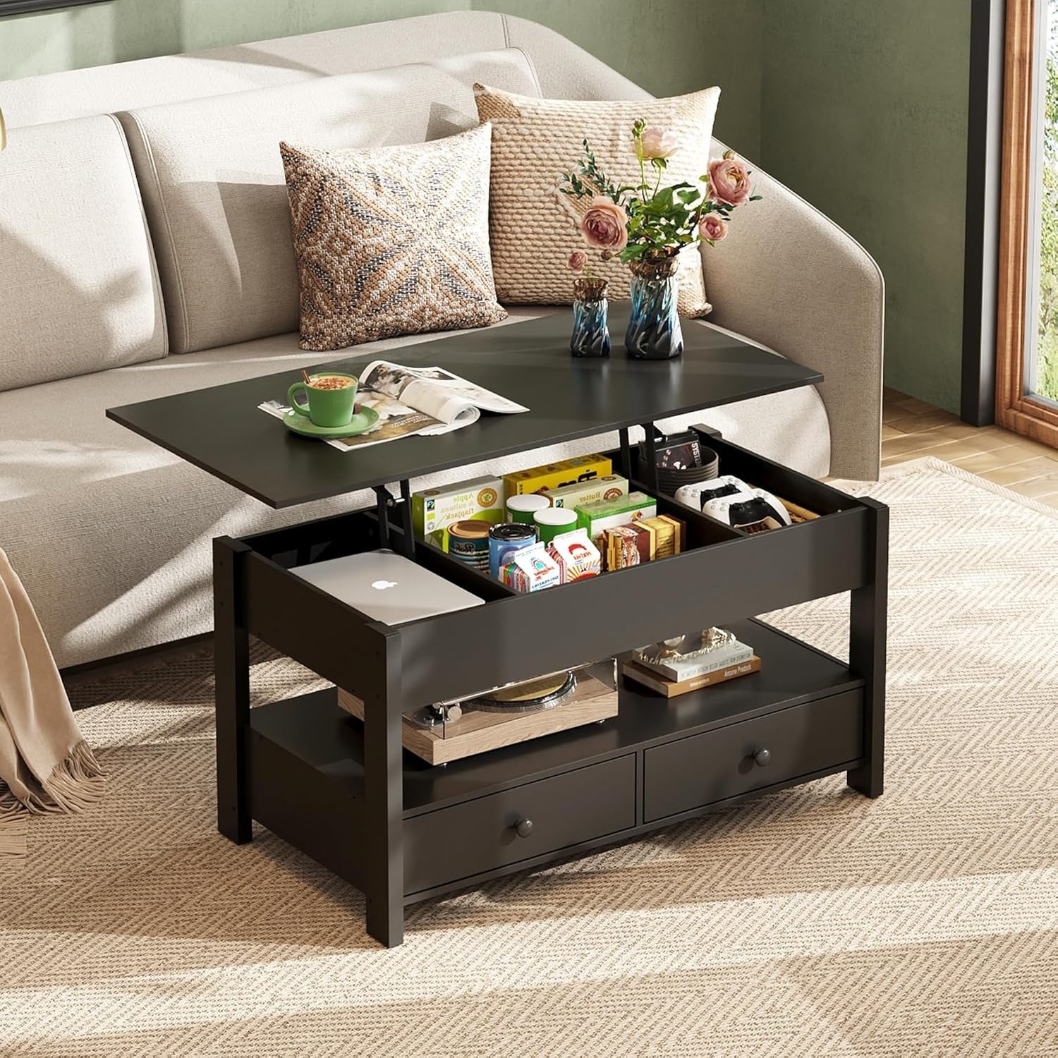 Lift Top Coffee Table with Storage Drawers & Hidden Compartment 100x50cm Black