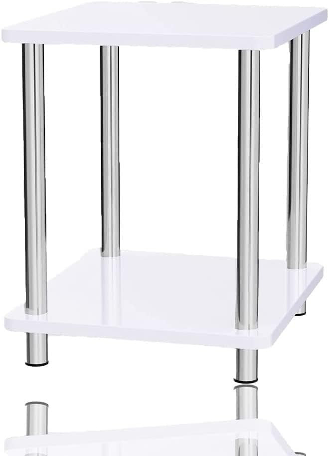 Small White High Gloss Side Table 2 Tier Storage Nightstand Living Room