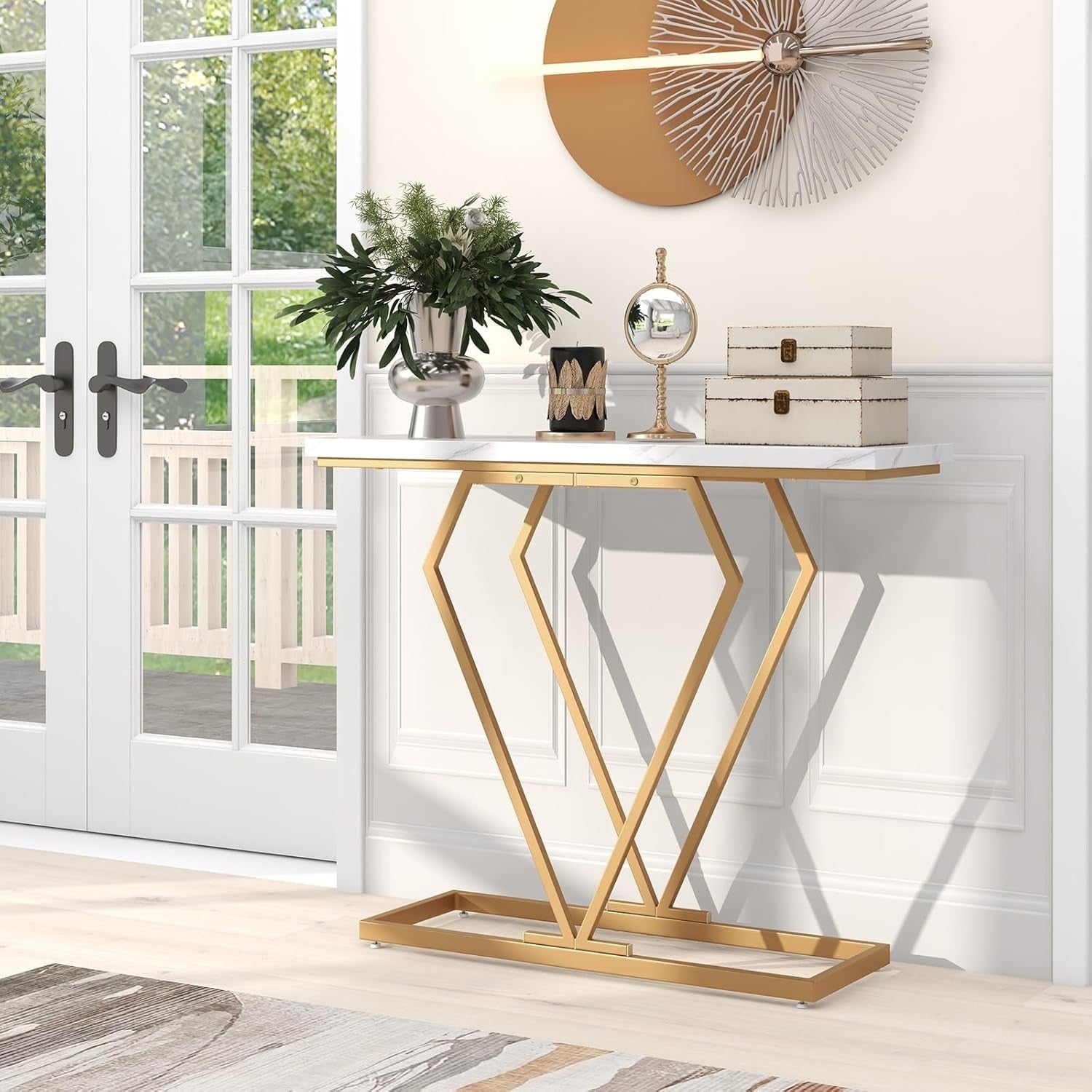 Narrow Console Table 100cm Marble Top with Gold Geometric Frame - Slim