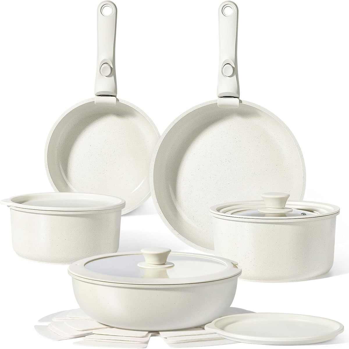 15Pcs White Ceramic Non Stick Cookware Set with Detachable Handle Induction Safe