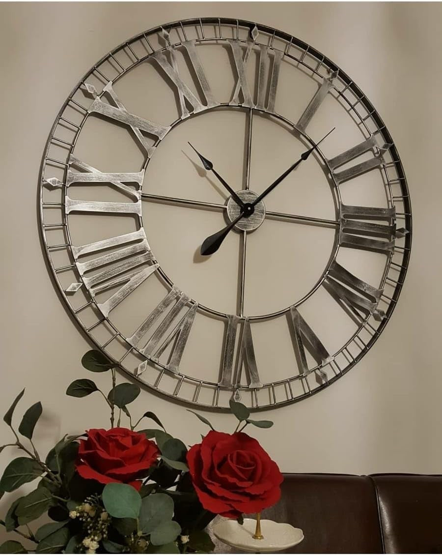 Extra Large 88cm Skeleton Wall Clock Rustic Silver Metal Roman Numerals Decor