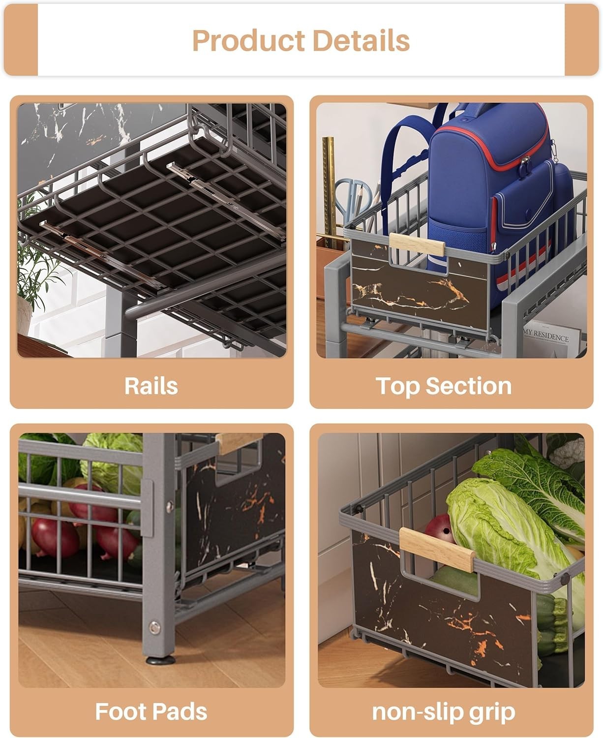 Slim 4 Tier Kitchen Storage Trolley Rolling Cart Grey