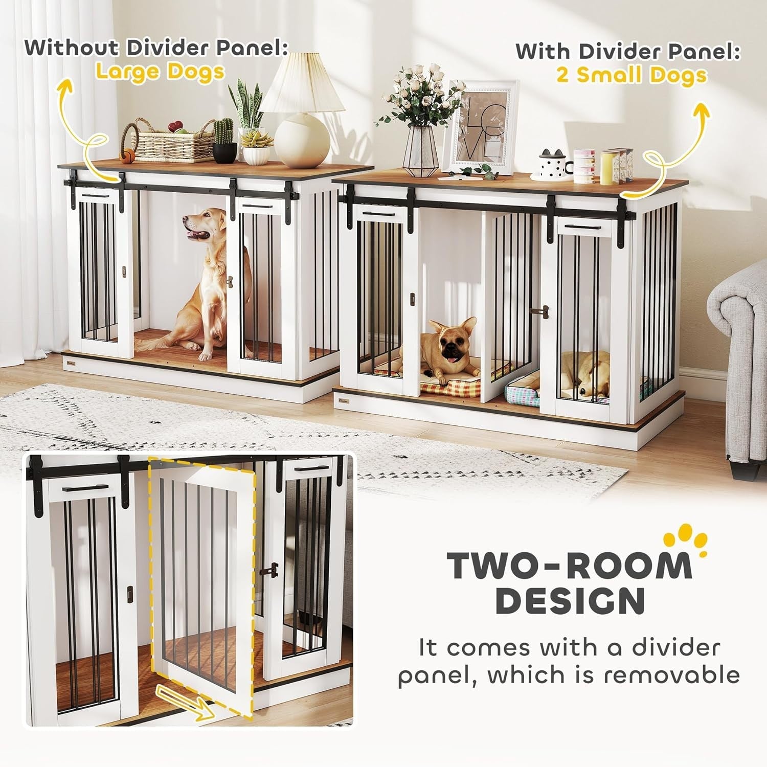 Large White Dog Crate Furniture with Divider, Sliding Doors & Side Table