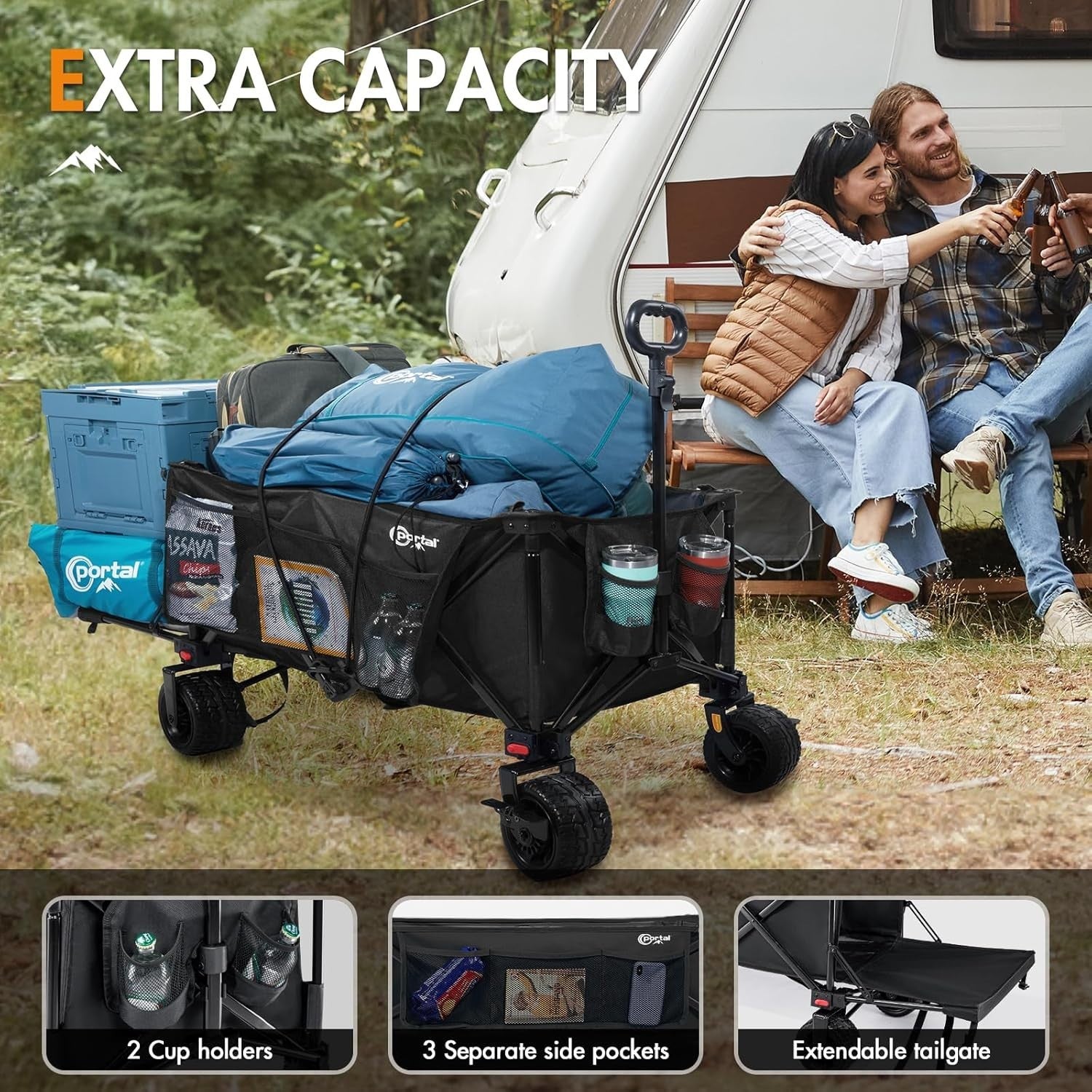 Black 300L Heavy Duty Festival Trolley Folding Wagon w/ Tailgate & Wide Wheels