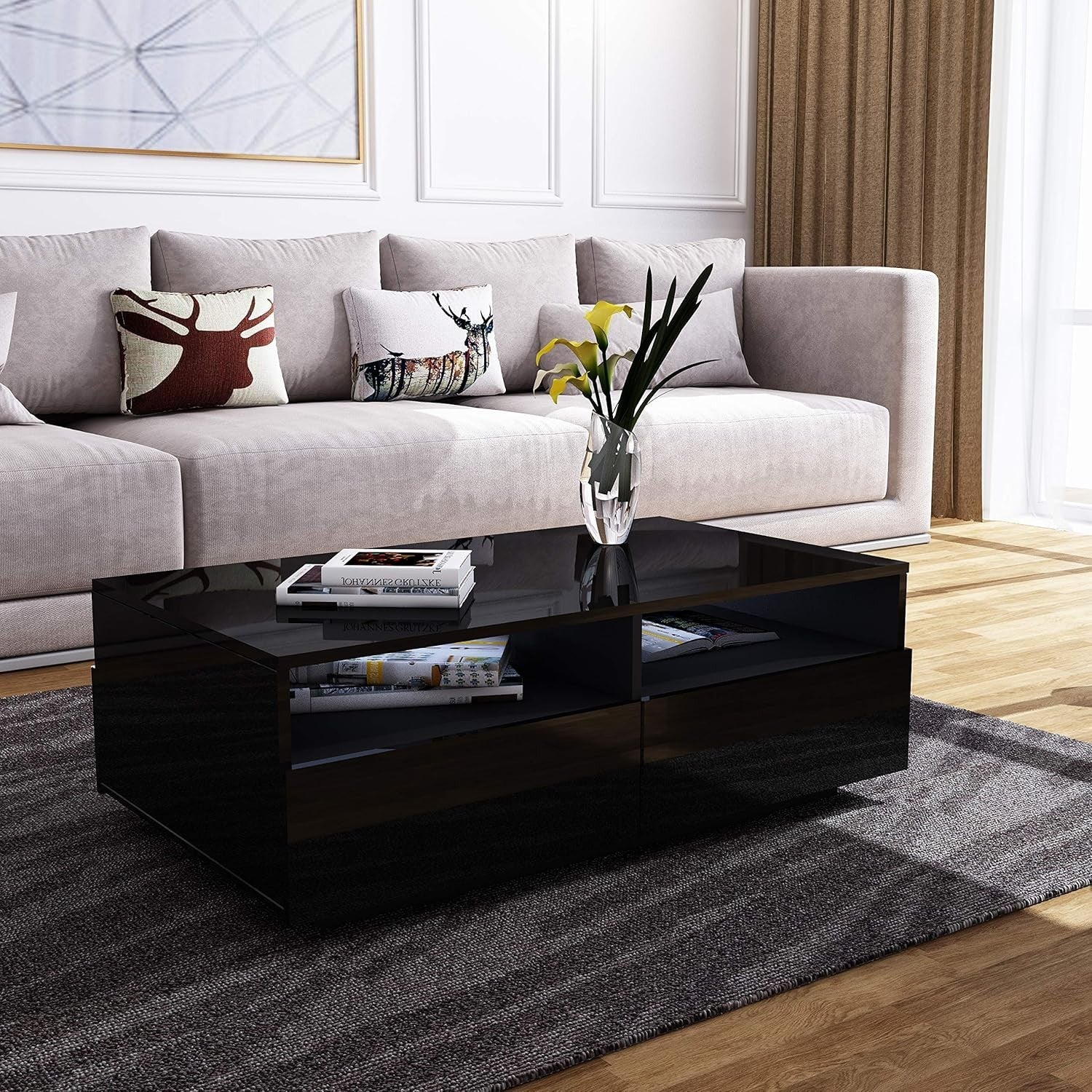 Black Gloss Coffee Table with 4 Drawers Storage Modern 85x55x35cm
