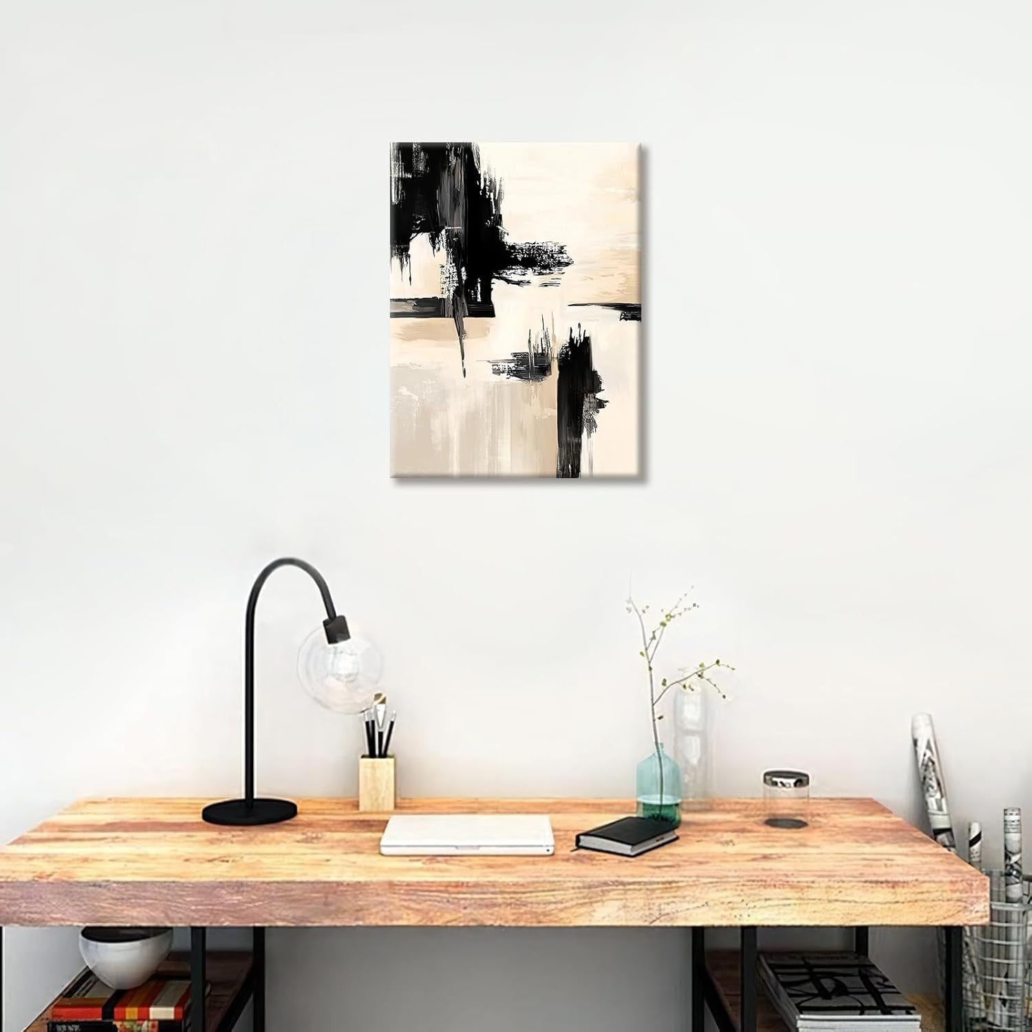 Abstract Black Beige Canvas Wall Art Framed 30x40cm Modern