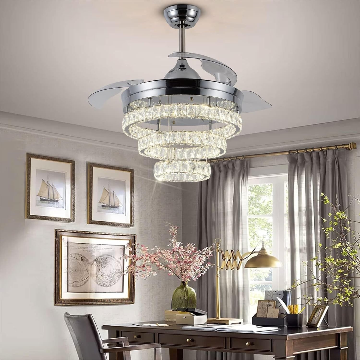 DiiSunBihuo 42" Chrome Fandelier, Crystal Fan, Reversible Motor, 3-Color LED