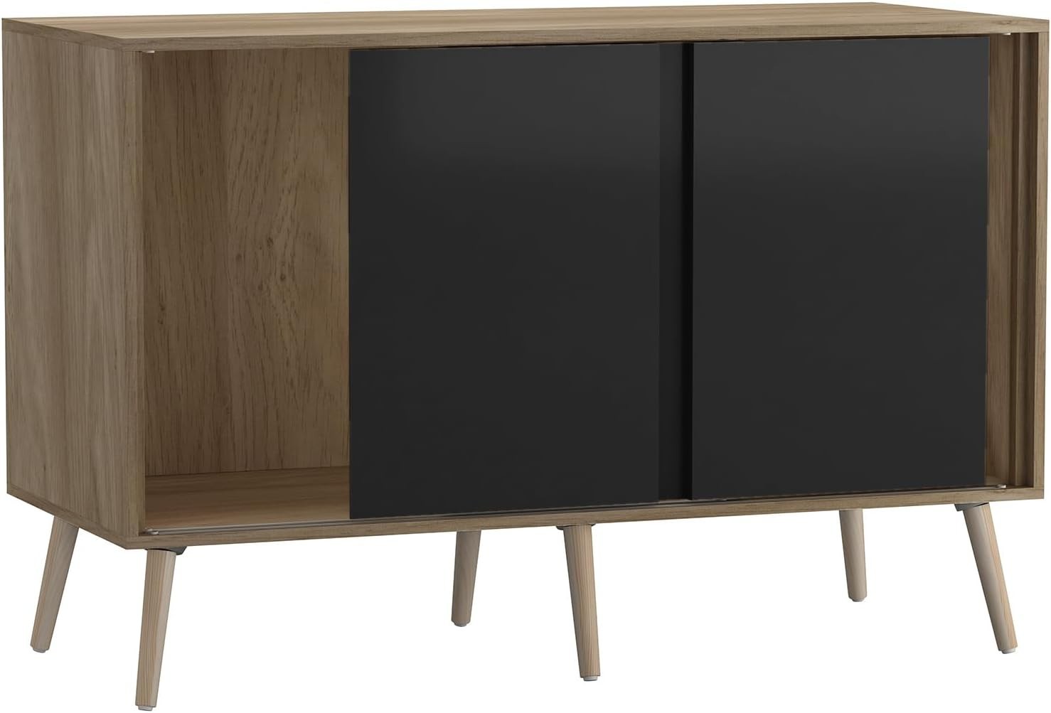 Oak Sideboard Cabinet 3 Door Sliding Storage Unit Black Doors Beech Legs