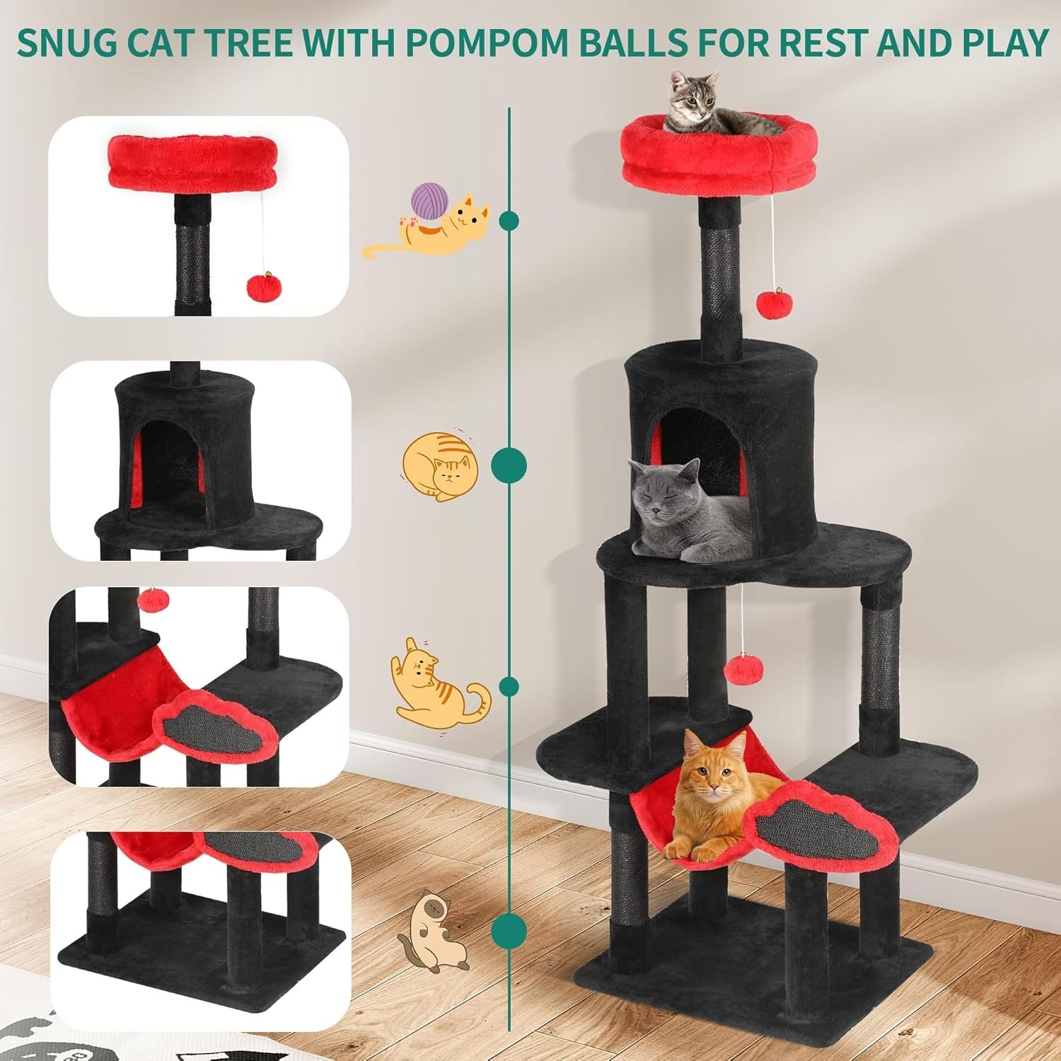Cat Tree Tower 142cm Scratching Post Condo Hammock Apartment Friendly
