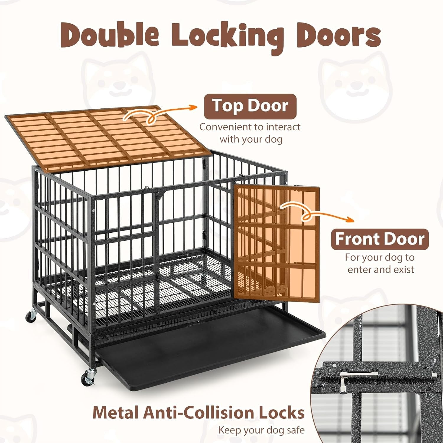 Heavy-Duty Foldable Dog Crate with Lockable Doors & Wheels for Large Dogs