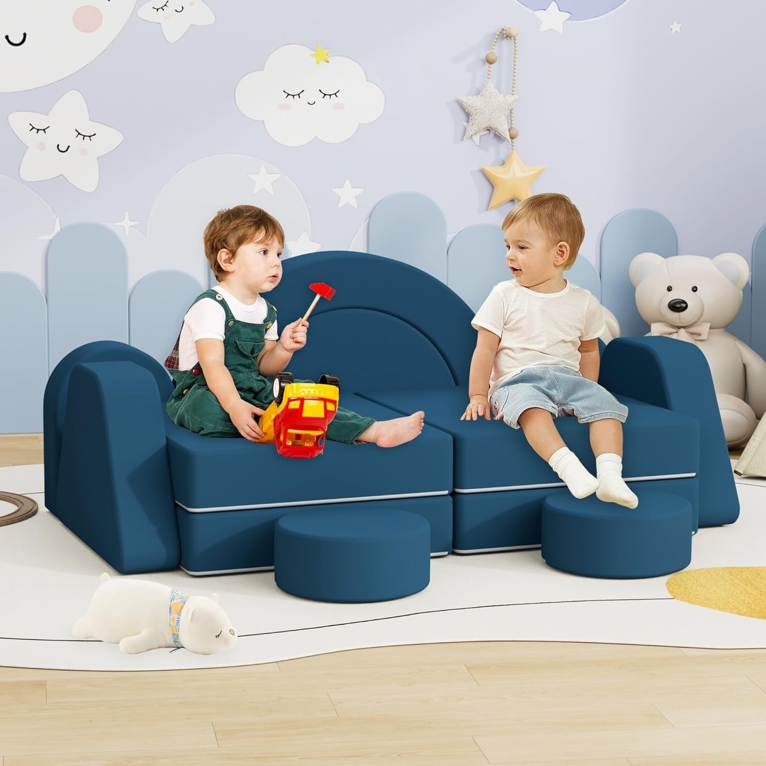 Modular Kids Play Couch Sofa Bed Foam Fort for Creative Play Blue