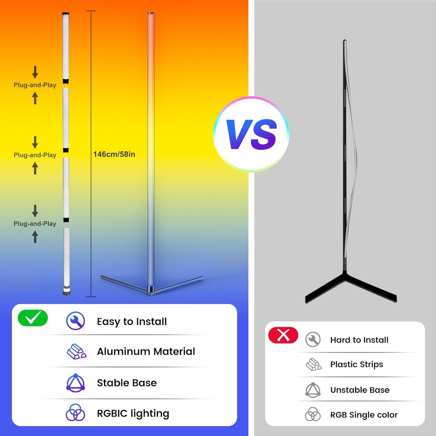 Smart RGB Corner Floor Lamp App Remote Music Sync LED Standing Light