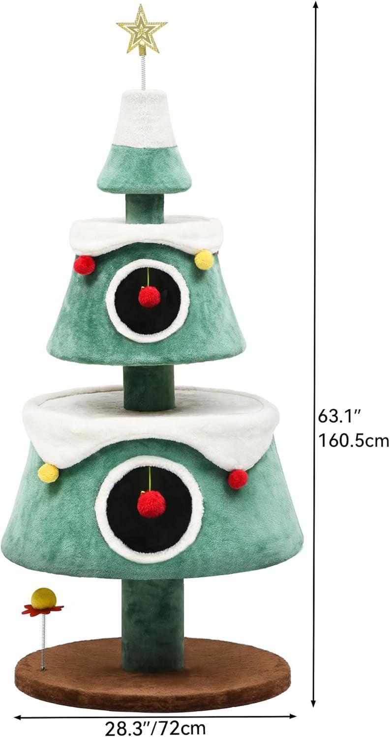 Christmas Cat Tree Tower Indoor with 2 Cat Houses Multi-Level Climber 160cm