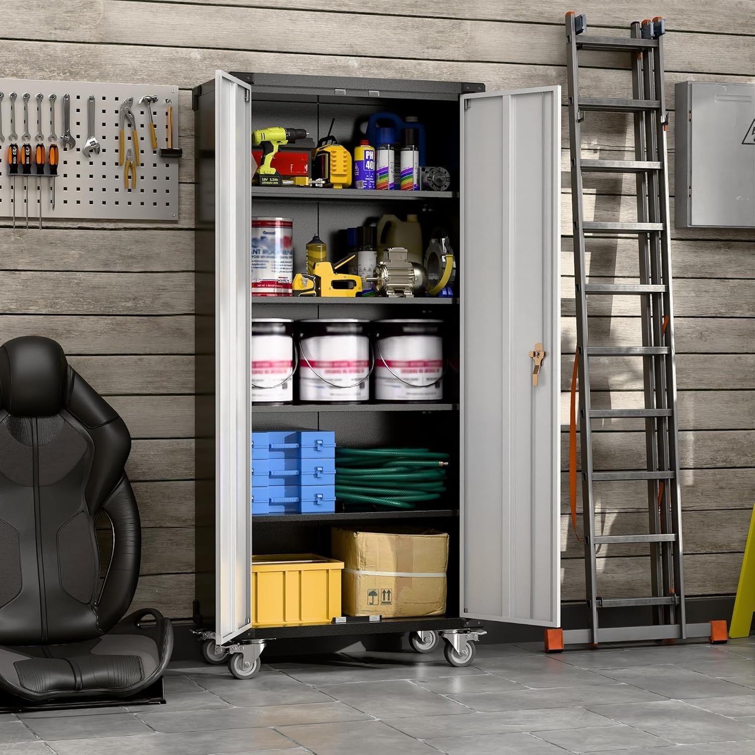 Tall Metal Storage Cabinet 183cm Lockable Doors Shelves Wheels Home
