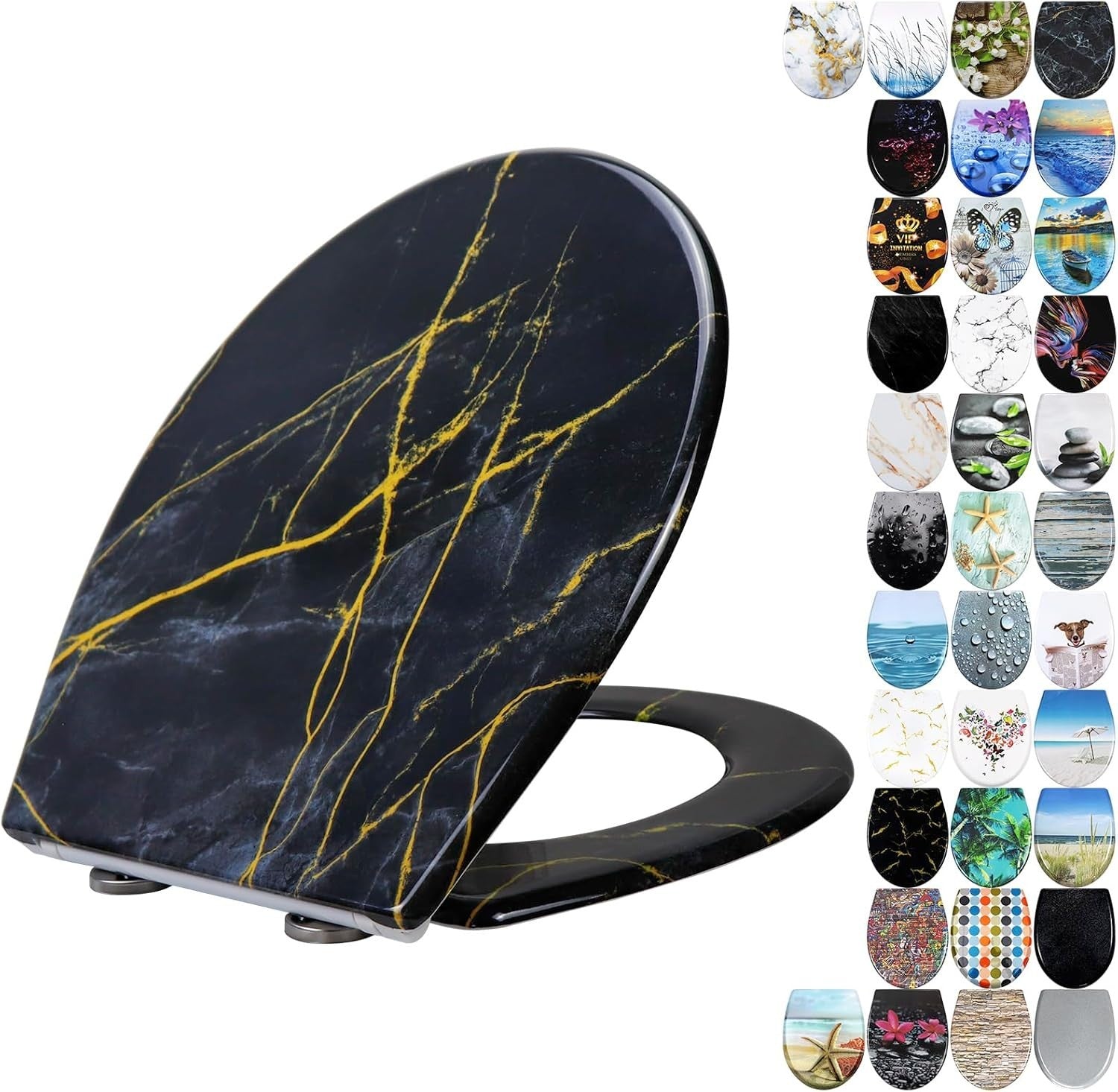 Black Marble Toilet Seat Soft Close Quick Release Top Fix 45x37cm