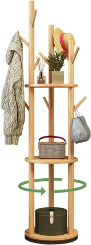 Rotating Coat Rack Stand 165cm Hall Tree with Storage Shelves Light Wood