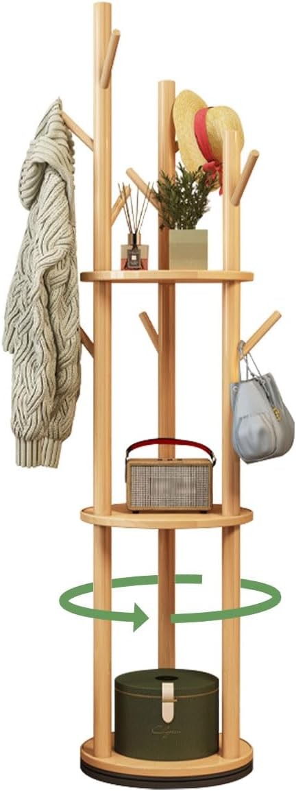 Rotating Coat Rack Stand 165cm Hall Tree with Storage Shelves Light Wood