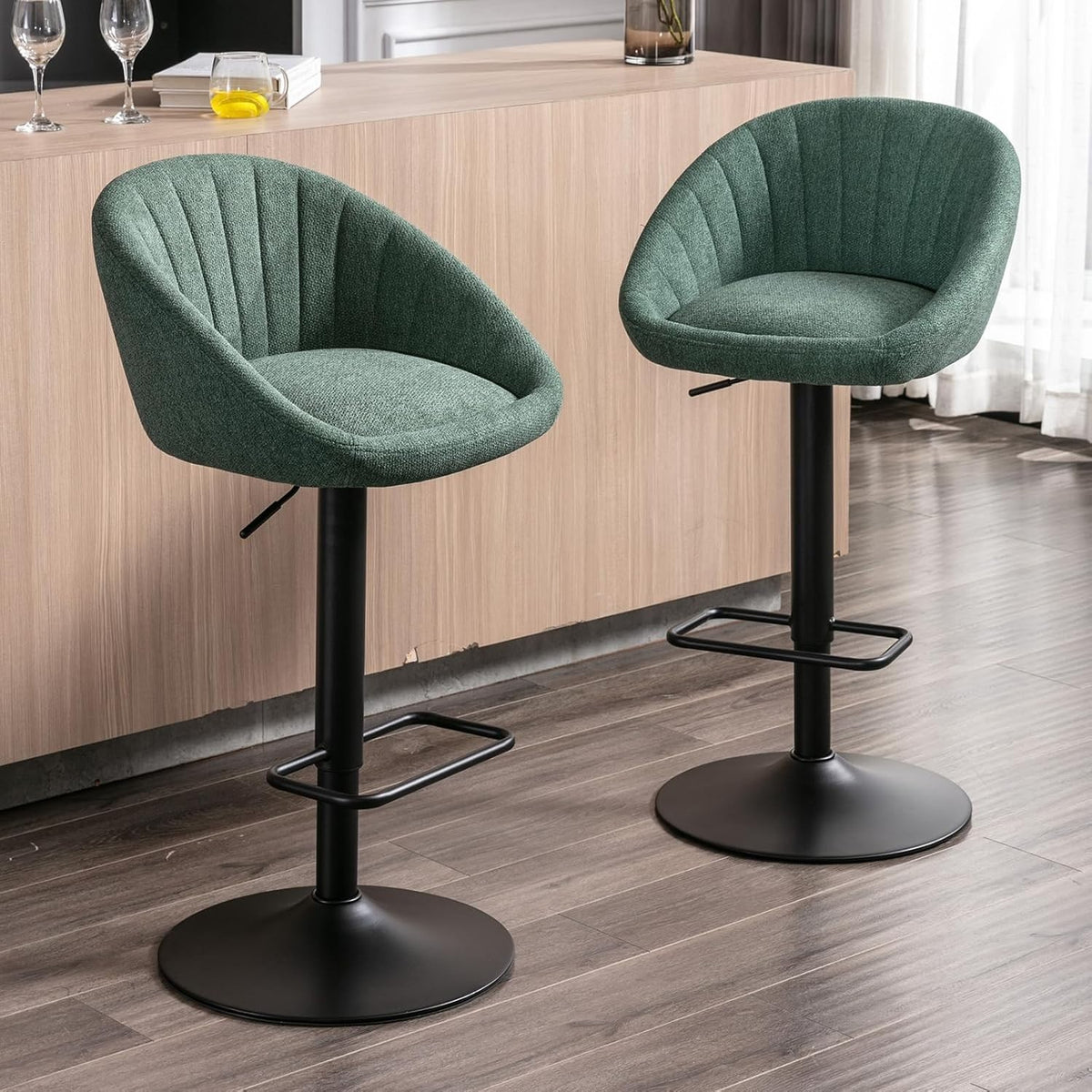 Set of 2 Green Fabric Bar Stools Adjustable Swivel Counter Chairs