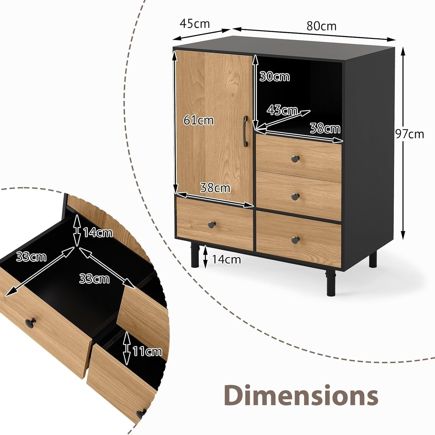 Modern 4 Drawer Sideboard Cabinet with Open Shelf & Anti-Tip Safety Black