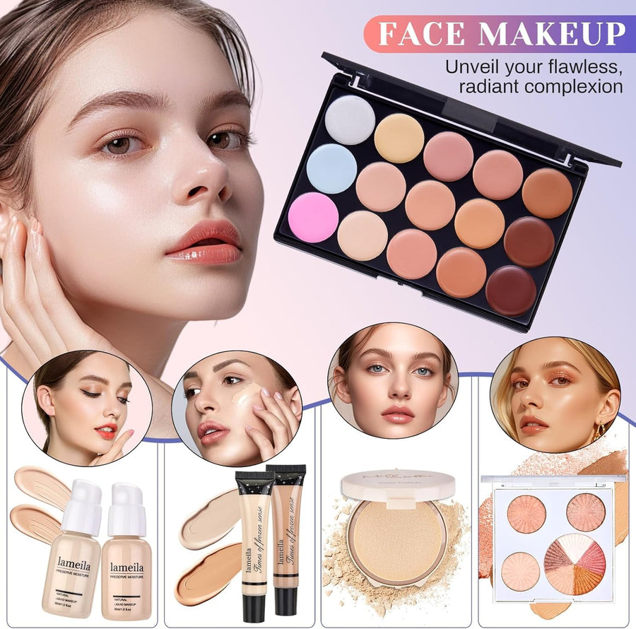 50PCS All-in-One Makeup Kit – Eyeshadow, Lipstick, Brushes & More for Women
