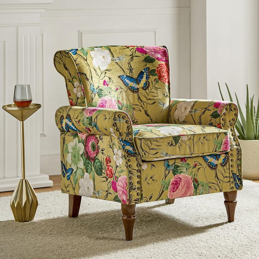 Floral Velvet Wingback Armchair Yellow Accent Chair for Living Room