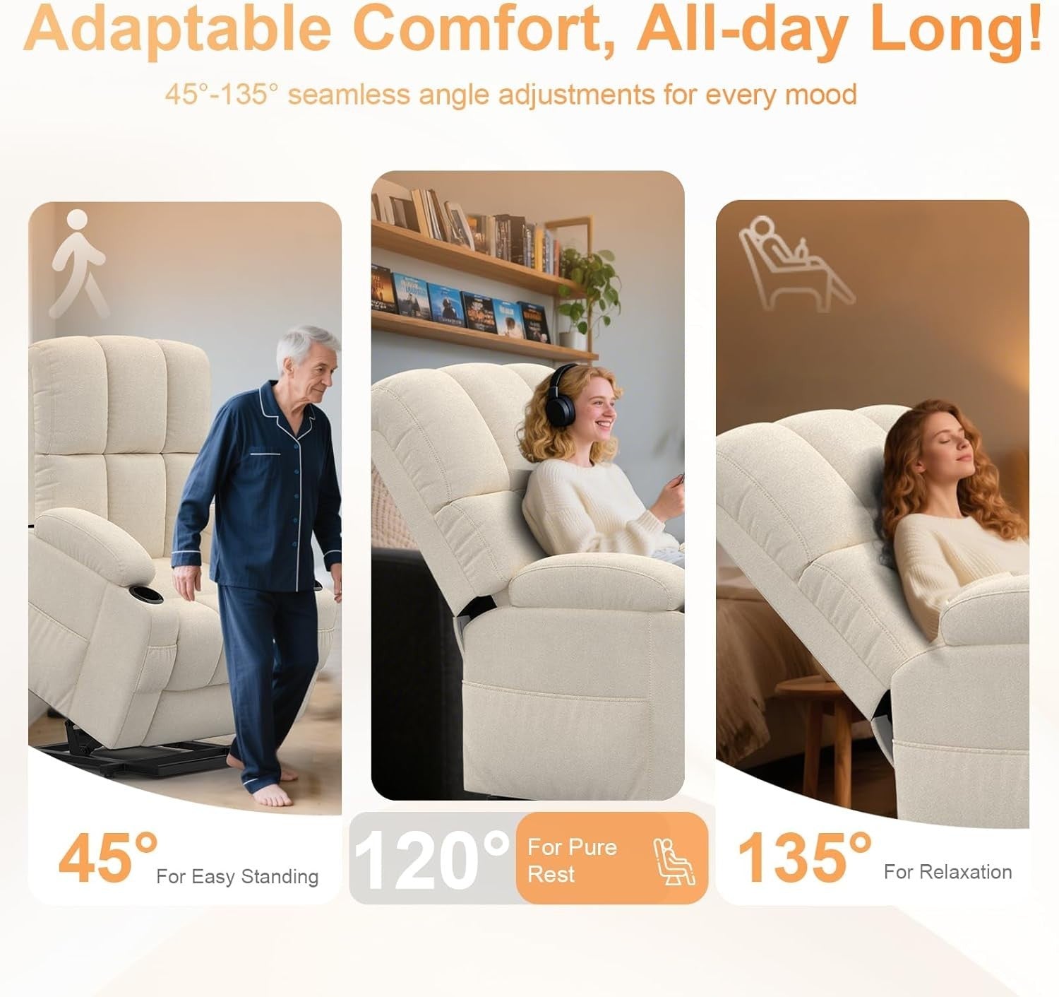 Beige Lift Recliner Chair Elderly Massage Heat USB Cup Holders Extended Footrest