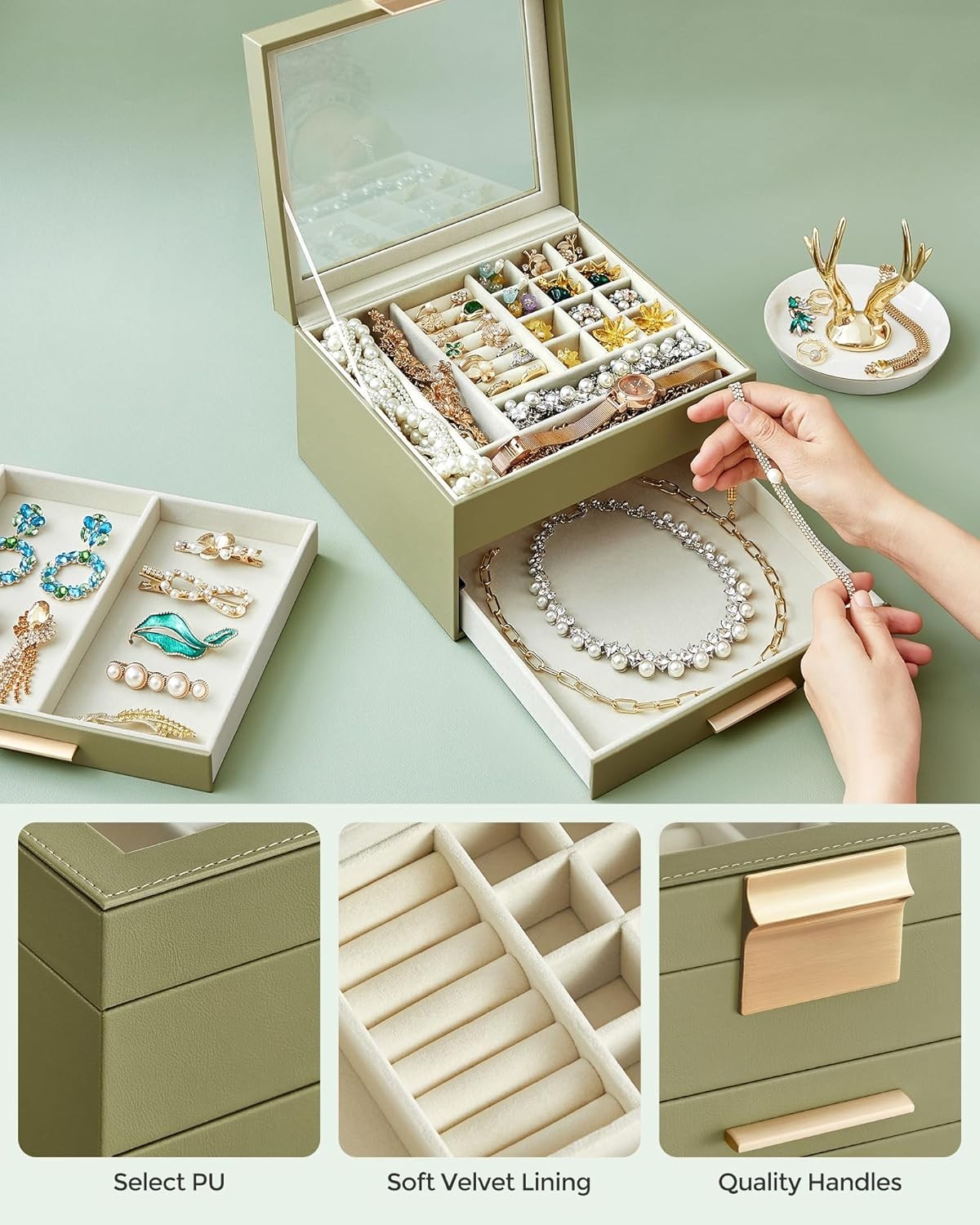 Avocado Green Gold Jewellery Box Glass Lid 3 Tier Organizer with Drawers
