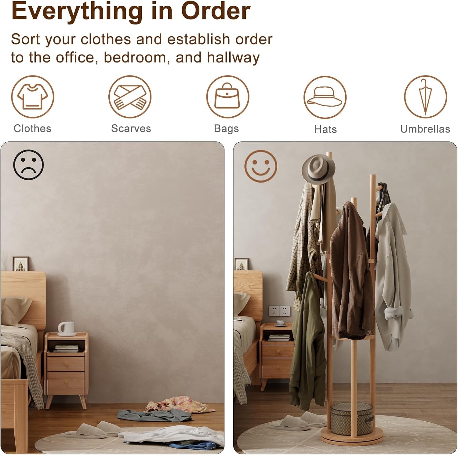 Wooden Coat Rack Stand with 3 Shelves | 360° Rotating Hall Tree 9 Hooks