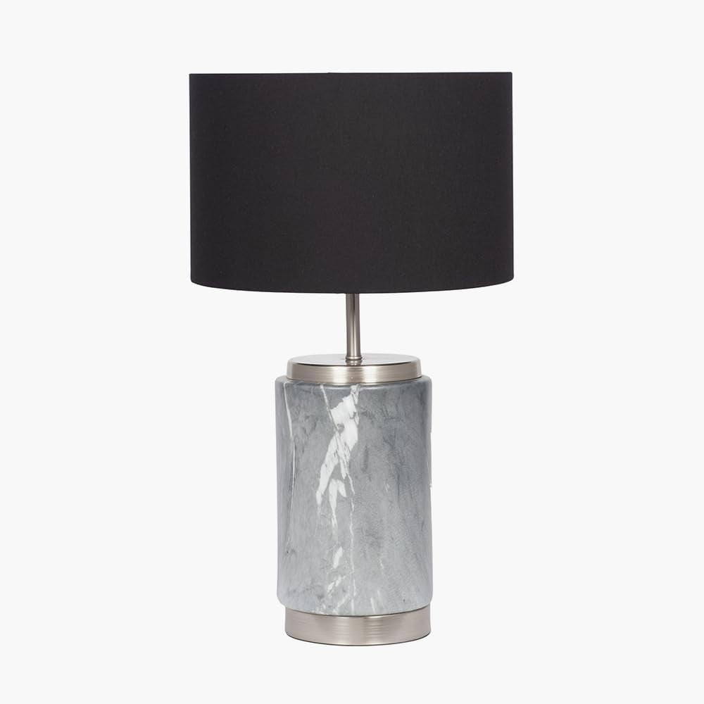 Tall Grey Marble Ceramic Table Lamp with Gold Detail & Black Drum Shade