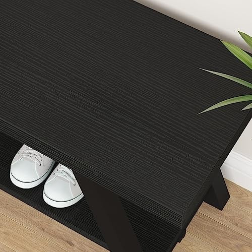 Black Oak Storage Bench Metal Frame Modern Entryway Shoe Rack Seat 119x36x46cm