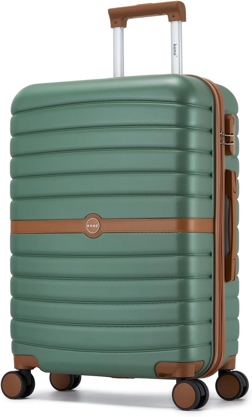 24'' Green Brown Check In Suitcase ABS PC Hard Shell Spinner Wheels Lock