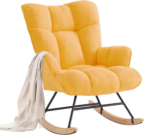 Rocking Chair Nursery Glider Comfy Armchair High Back Padded Seat Yellow Teddy