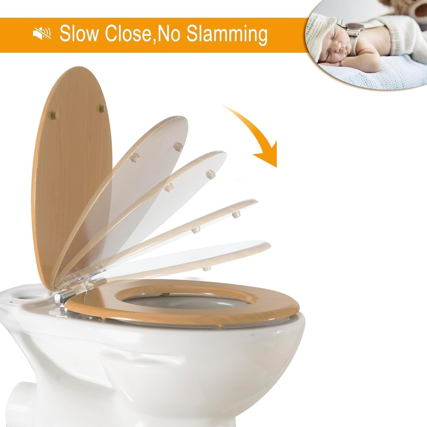 Wooden Toilet Seat Soft Close Maple MDF Heavy Duty Standard WC 43.8x37.8cm