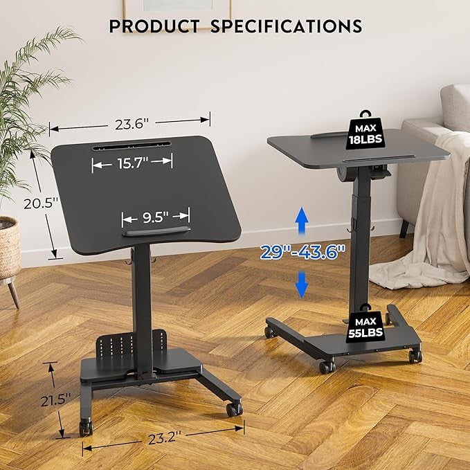 Mobile Standing Desk Adjustable Height Rolling Laptop Table 60x52cm Black