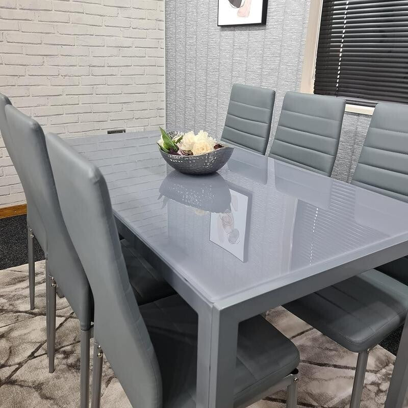 6 Seater Grey Glass Dining Table Set with Faux Leather Chairs & Metal Legs