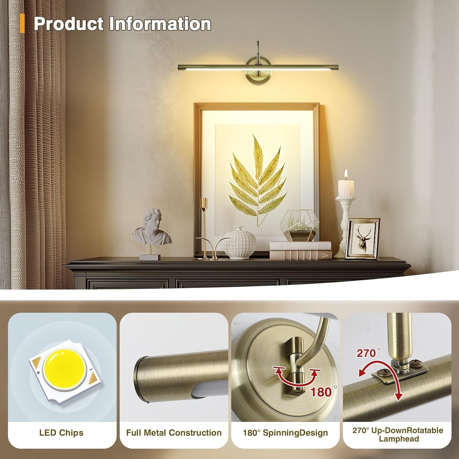 Dimmable LED Picture Light 24.4" Swing Arm, Antique Bronze Spotlight