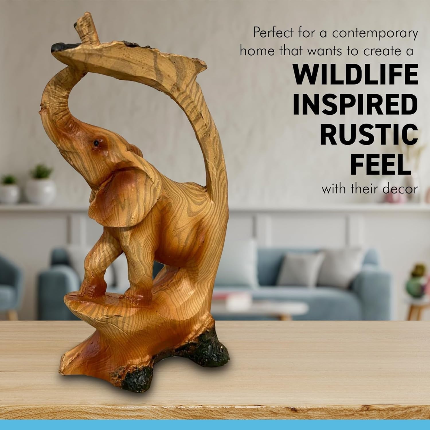 Elephant Ornament 12.7cm Wood-Effect Resin Figurine Under Tree Rustic Home Decor