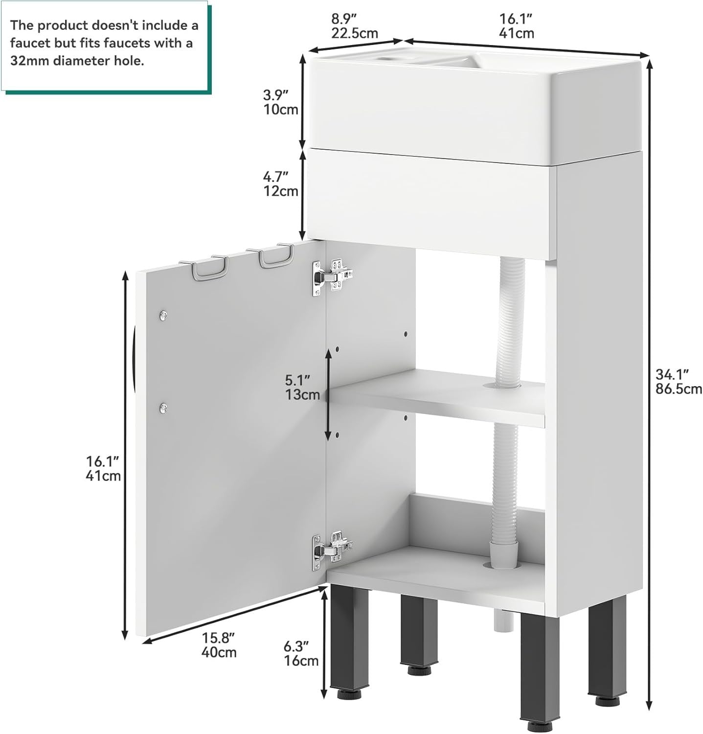White Under Sink Vanity Cabinet with Basin & Storage 86.5cm Bathroom Unit