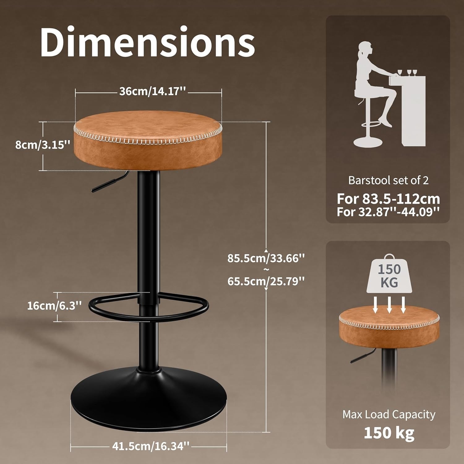 2PCS Brown Adjustable Swivel Bar Stools 36cm Round Kitchen Chairs