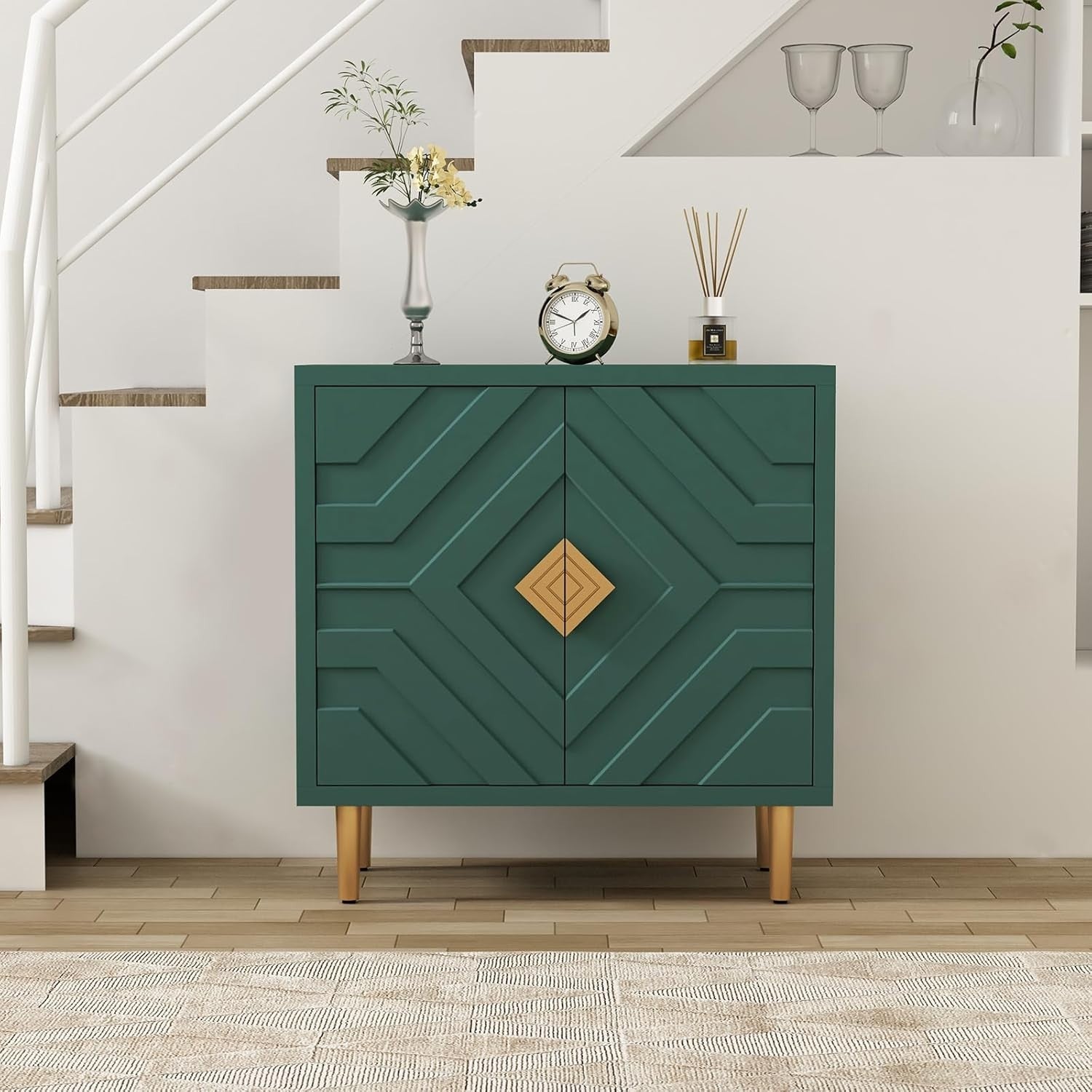 Modern 2-Door 3D Embossed Sideboard Storage Cabinet Green with Gold Legs