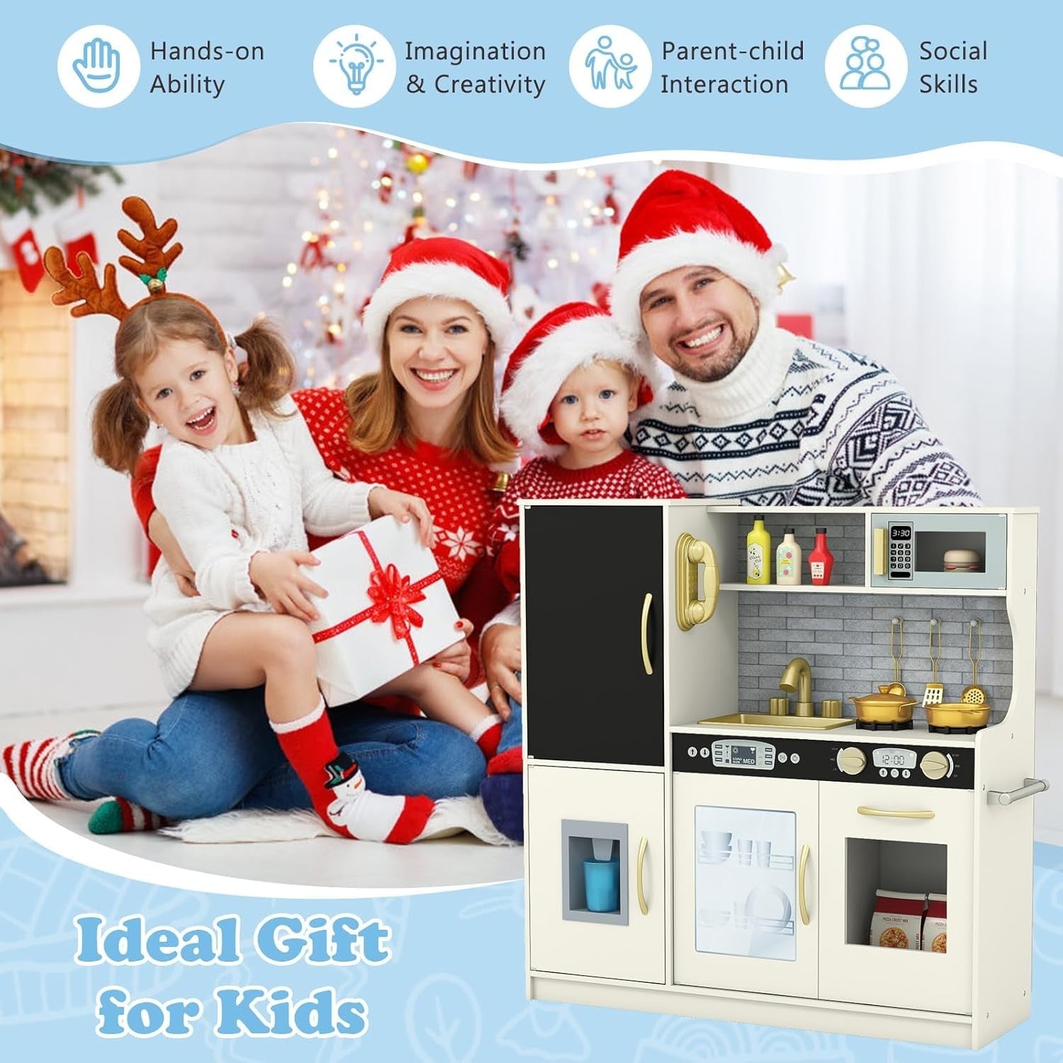 Kids Wooden Play Kitchen Blackboard Ice Maker Microwave Beige Toy