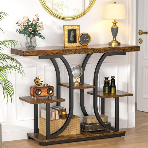 Slim Industrial Console Table with 4 Tiers & Curved Metal Frame