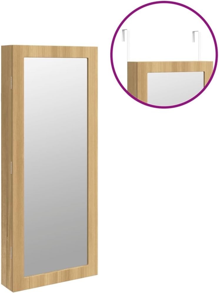 LED Wall Mounted Jewelry Cabinet Mirror Lockable Slim Storage Brown