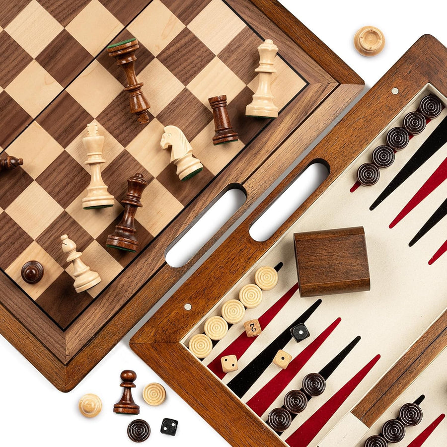 15.5 Inch Wooden Chess Backgammon Checkers 3 in 1 Travel Board Game Set