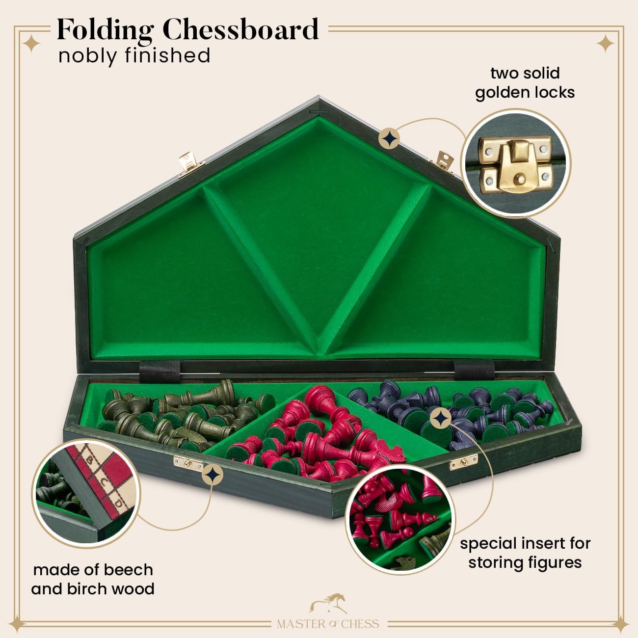 XL 3-Player Wooden Chess Set 54×47cm Hexagonal Board Handcrafted Travel Game
