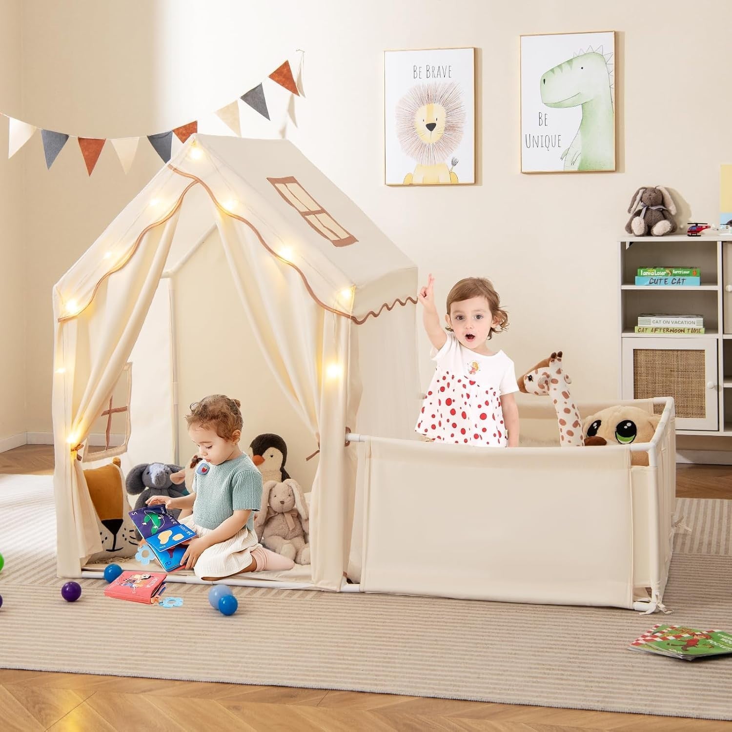Kids Play Tent Beige Castle with Lights Mat Indoor Toddler Playhouse
