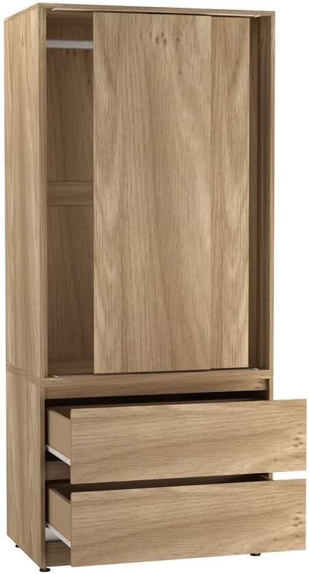 2-Door 2-Drawer Sliding Wardrobe with Hanging Rail & Adjustable Feet, Oak