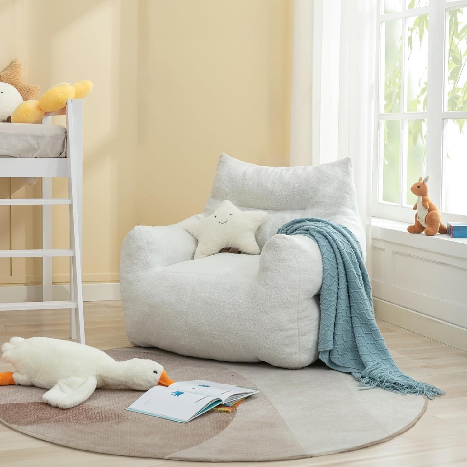 White Memory Foam Bean Bag Chair | Large Teddy Sofa Seat for Adults Room